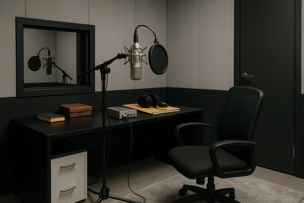 Home voiceover studio with desk, chair, microphone and pop filter.